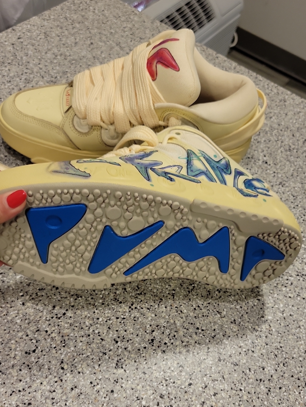 Puma Cream Sneakers with Blue Sole Accents and Red Logo Air Brush !!!